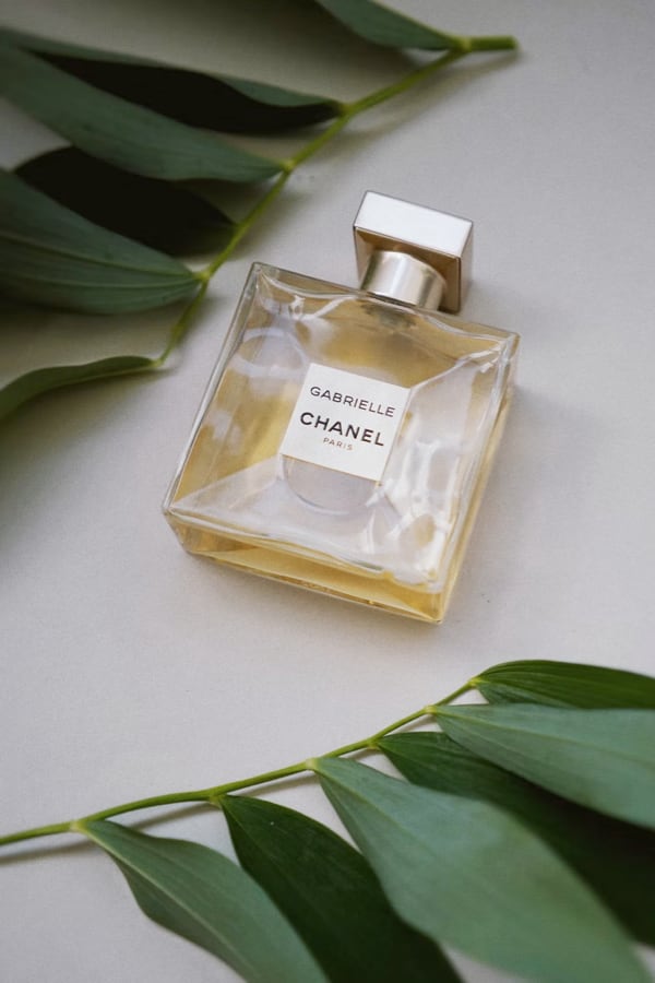 Frasco perfume Chanel ao redor de folhas